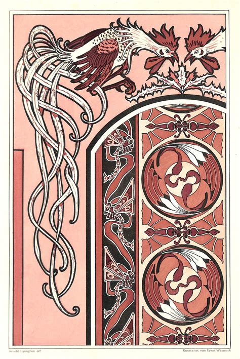Roosters Art Nouveau Antique Matted Print Lyongrun 1899