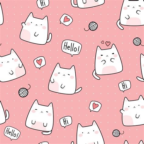 Cute Chubby Cat Kitten Greeting Cartoon Doodle Seamless Pattern 2266259