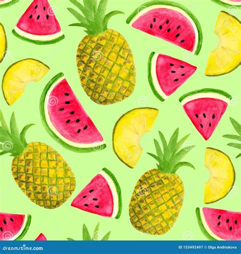 seamless watercolor pattern with watermelon and pineapple isolated on pastel green background