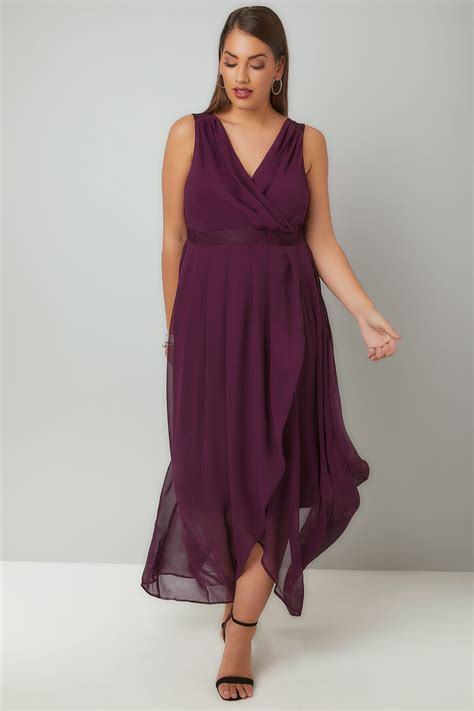 Purple Chiffon Maxi Dress With Wrap Front And Lace Details Plus Size