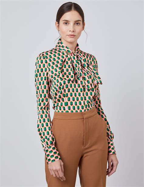 women s pink and green geometric fitted satin blouse single cuff pussy bow hawes and curtis