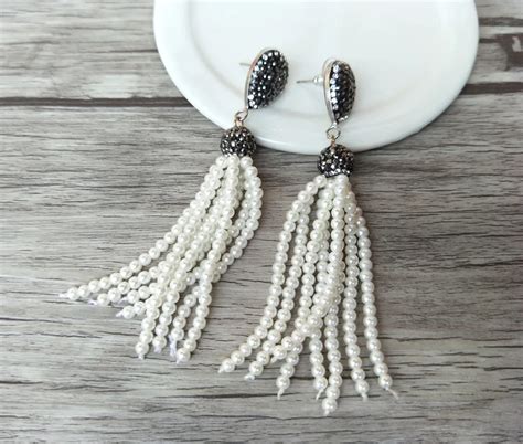 Pairs Handmade Pearl Tassel Dangle Earrings Pave Rhinestone Tassel