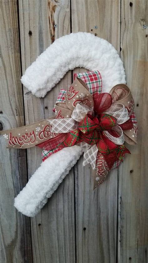 Christmas Candy Cane Chenille Yarn Front Door Wreath Happy Holidays