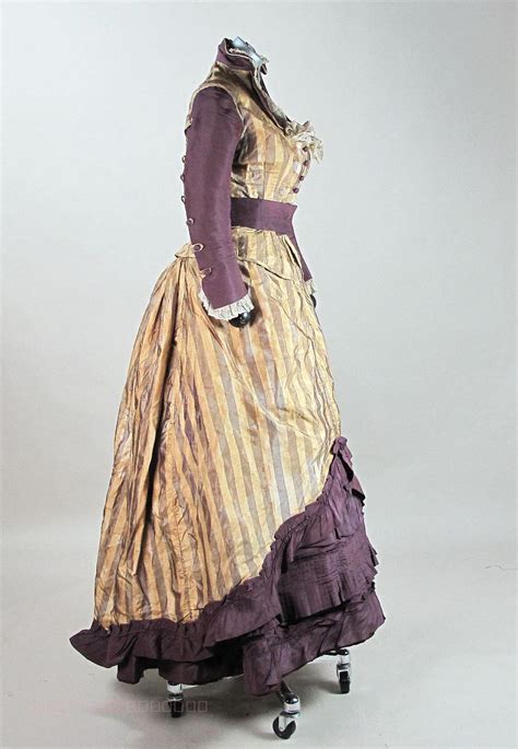 Victorian 1870s Four Piece Striped Silk Bustle Gown Ladies Vintage