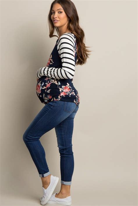 Navy Blue Solid Cuffed Maternity Jean Maternity Jeans Skinny Jeans Style Fashion