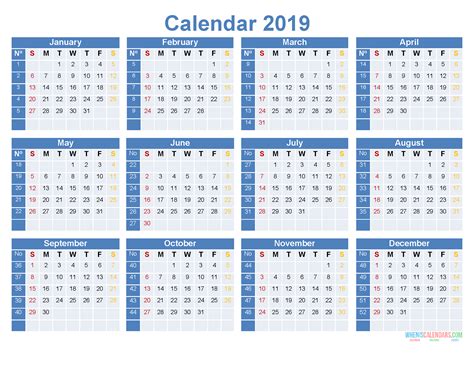 Full Year Calendar 2019 Printable 12 Month On 1 Page Us Edition