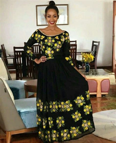 Black Habesha Kemis Dress With Floral Embroidery Ethiopian Wedding Dress Ethiopian Dress