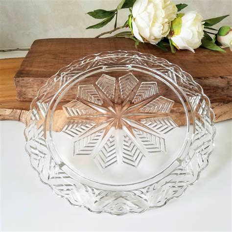 Glass Cake Plate Vintage Federal Three Footed Pressed Glass Cake Plate Snowflake Pattern