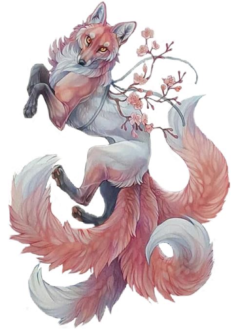 Kitsune Fox Redfox Floral Flowers Tumblraesthetic 4tail Ilustrasi