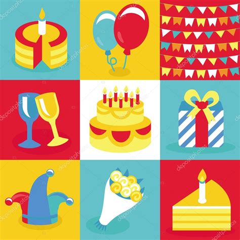 Vector Birthday And Party Icons And Signs Collection In Retro Flat