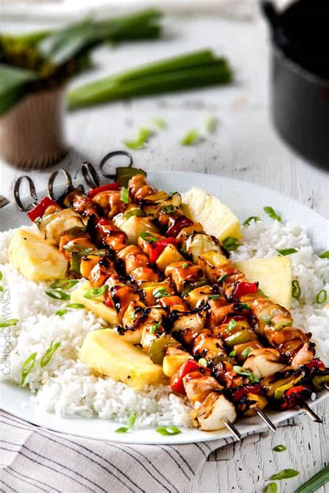 On eight metal or soaked wooden skewers, alternately thread the pineapple, green pepper, onion if desired, mushrooms and tomatoes. Hawaiian Chicken Kabobs Recipe | Healthy & Delicious Recipes