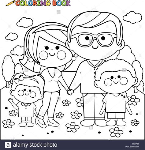 Los niños y niñas reflejaran los miembros de sus familias y posteriormente. Happy family at the park coloring book page Stock Vector Image & Art - Alamy