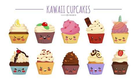 Descarga Vector De Conjunto De Ilustración De Cupcakes Kawaii