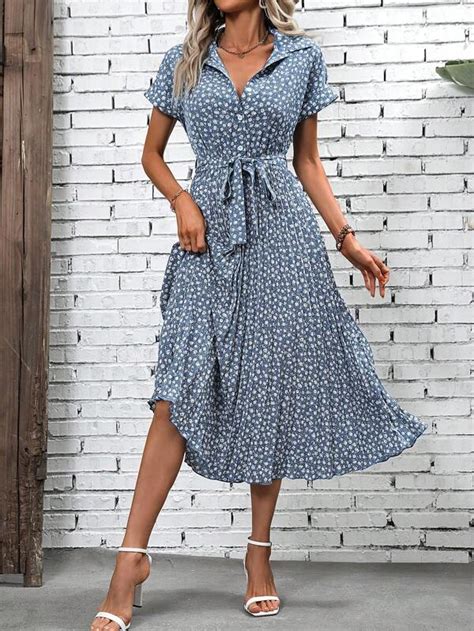 Ditsy Floral Print Belted Pleated Hem Shirt Dress SHEIN USA