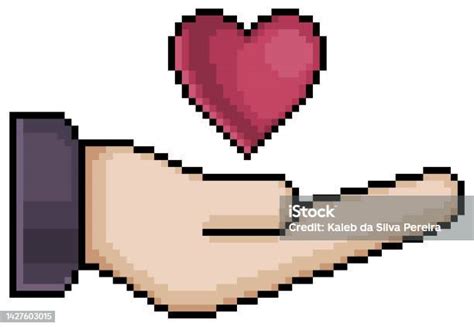 Pixel Art Hand Holding Heart Vector Icon For 8bit Game Stock