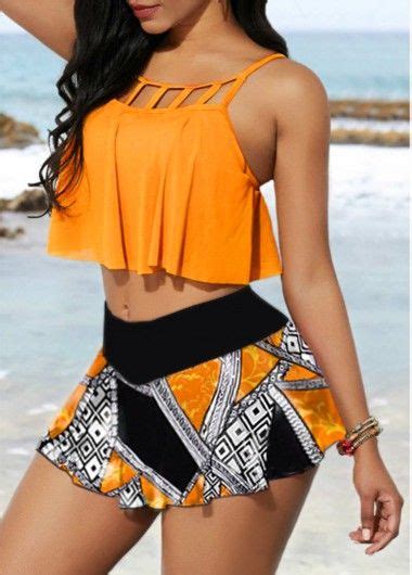 Spaghetti Strap Cage Neck Top And Printed Pantskirt Usd
