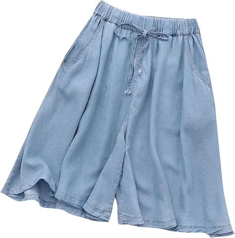 Pehmea Womens Wide Leg Elastic Waist Bermuda Shorts Loose Denim Culottes With Pockets Light