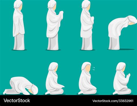 Muslim Female Praying Position Step Instruction Vector Image