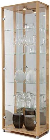 Lockable Fully Assembled Home Black Double Glass Display Cabinet Glass Shelves Mirror Back