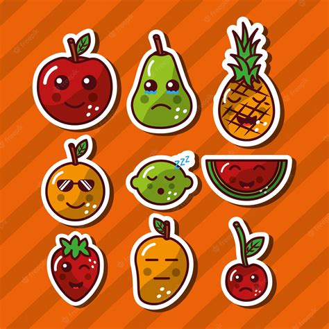 Kawaii Sonriendo Frutas Adorable Comida Dibujos Animados Vector Gratis