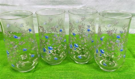 Vintage Clear Glass Floral Libbey Drinking Glasses Set Of 4 Libbey Blue Flower Drinking Glasses