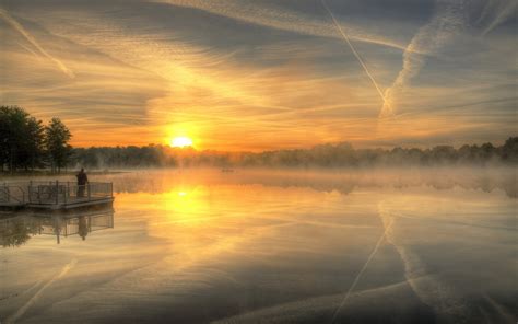 Nature Landscape Sky Clouds Lake Sunrise Mist Reflection Pier