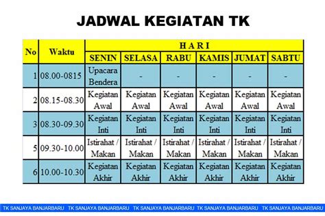 Tk Sanjaya Banjarbaru Jadwal Kegiatan Pembelajaran Siswa