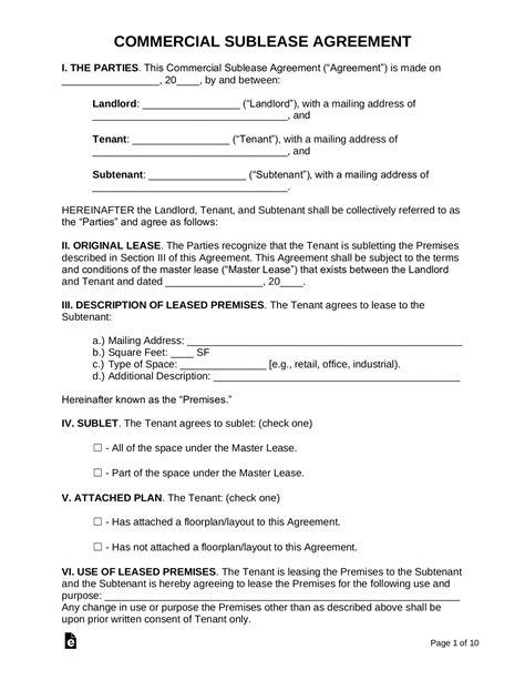 Free Commercial Sublease Agreement Template Pdf Word Eforms