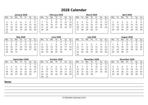 Download Editable 2028 Calendar With Notes Monday Start