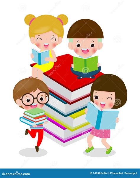 Happy Cartoon Children While Reading Books I Love Book Cute Kids