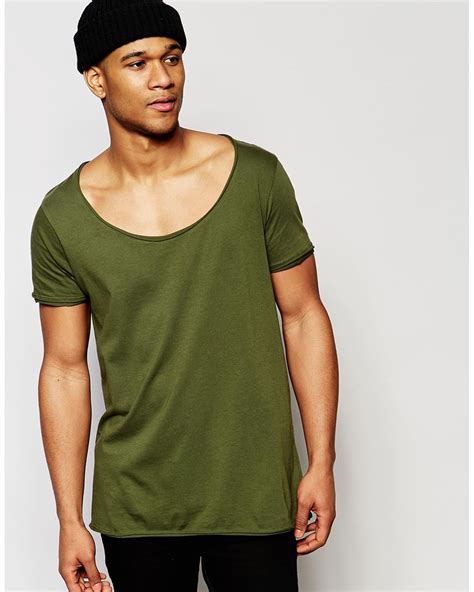 Asos Longline T Shirt With Wide Scoop Neck And Raw Edge In Green For