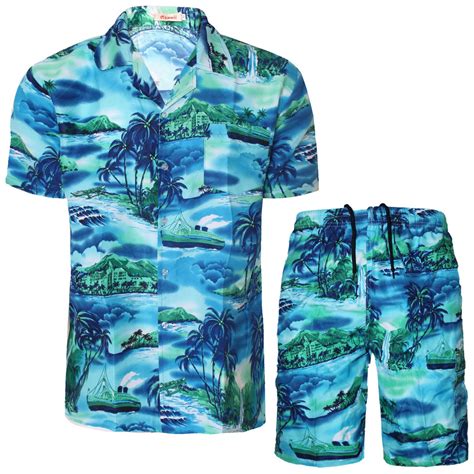 Mens Hawaiian Shirt And Shorts Set Flower Printed Holiday Beach Stag