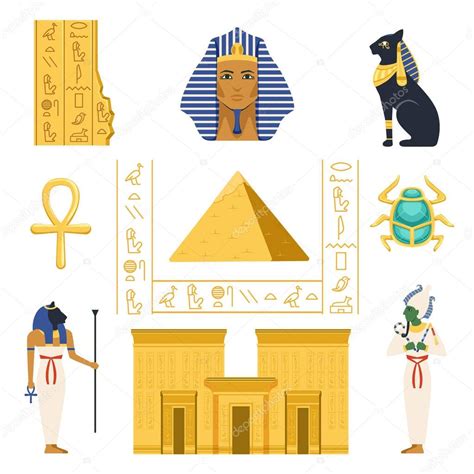 Egypt Set Egyptian Ancient Symbols Colorful Vector Illustrations