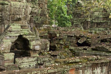 Old Stone Temple Ruin Of Angkor In Cambodia Closeup Stone Overgrown