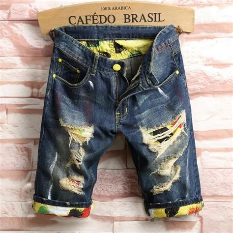 Novelty Style Mens Holes Denim Shorts Men Knee Length Short Jeans New