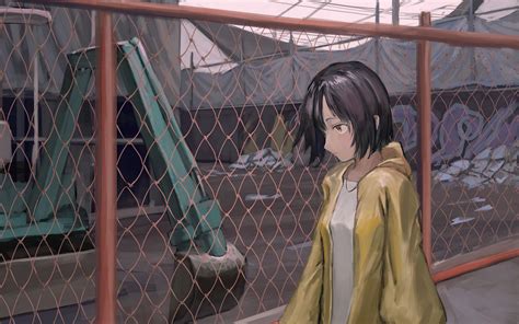 Download Wallpaper 1920x1200 Girl Fence Mesh Anime Art Widescreen