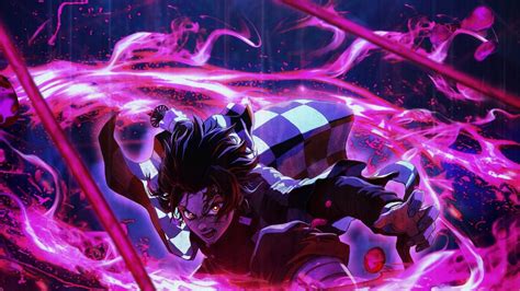 Demon Slayer Tanjiro Kamado Around Purple Lightning With Black Background Hd Anime Wallpapers