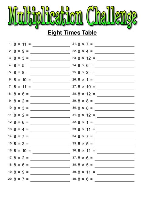 8 Times Table Test Printable