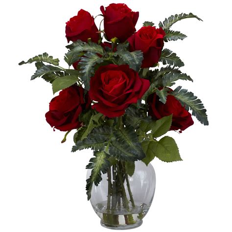 Nearly Natural Red Rose And Fern Silk Flower Arrangement In Vase And Faux