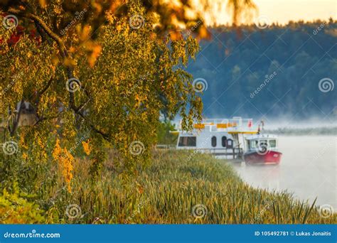 Morning Foggy Landscape Of Boats In Nemunas River Stock Image Image