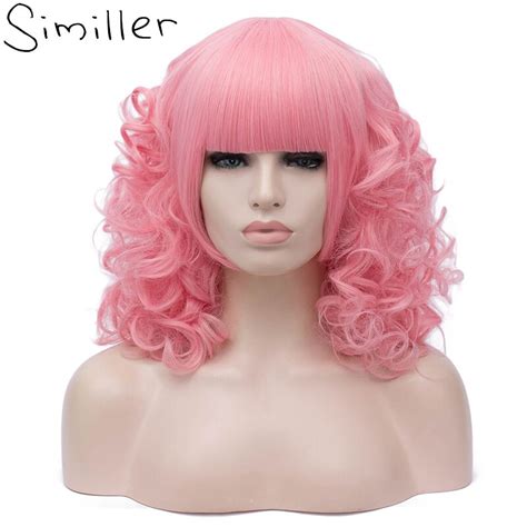 Similler Hot Pink Synthetic Curly Short Hair Wig For Women Fluffy Halloween Costume Cosplay Wigs