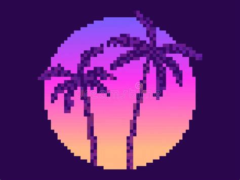 Pixel Art Palm Trees At Sunset In 80s Style 8 Bit Sun Synthwave And