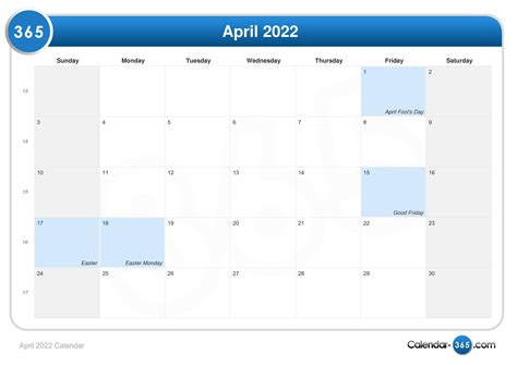 April 2022 Easter 2022 Calendar