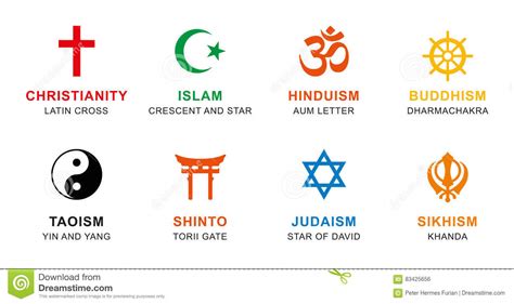 World Religion Symbols Colored With English Labeling Stock