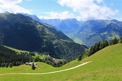 Mountains Switzerland Scenery Grass Nature Houses Buildings Trees
