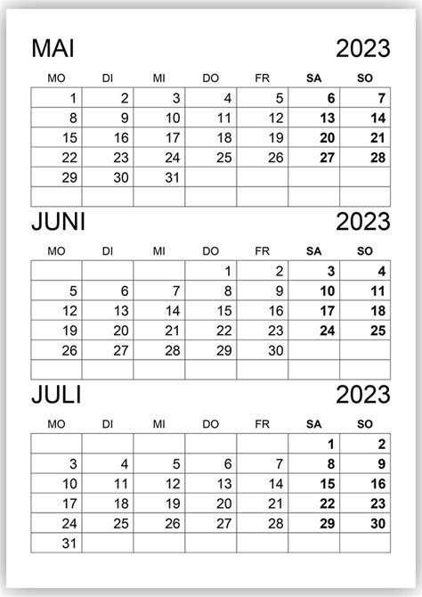 Kalender Mai Juni Juli 2023 Kalendersu