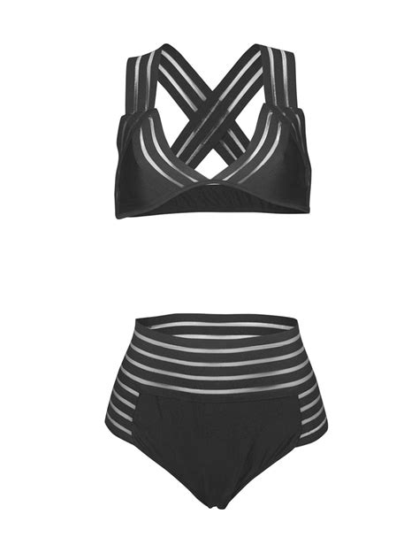 Buy 2018 High Waist Stripped Hollow Out Net Bikini Set