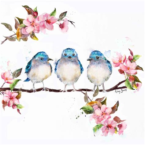 Blue Birds With Pink Spring Cherry Blossoms Watercolor Print Etsy