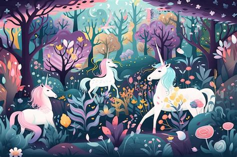 Premium Photo Fairy Tale Forest With Unicorns Ai Generative