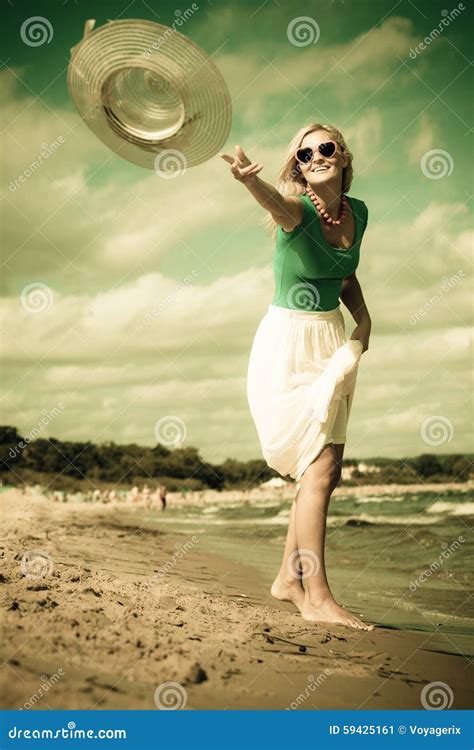 Beautiful Blonde Girl In Hat On Beach Summertime Stock Image Image Of Playing Fashion 59425161